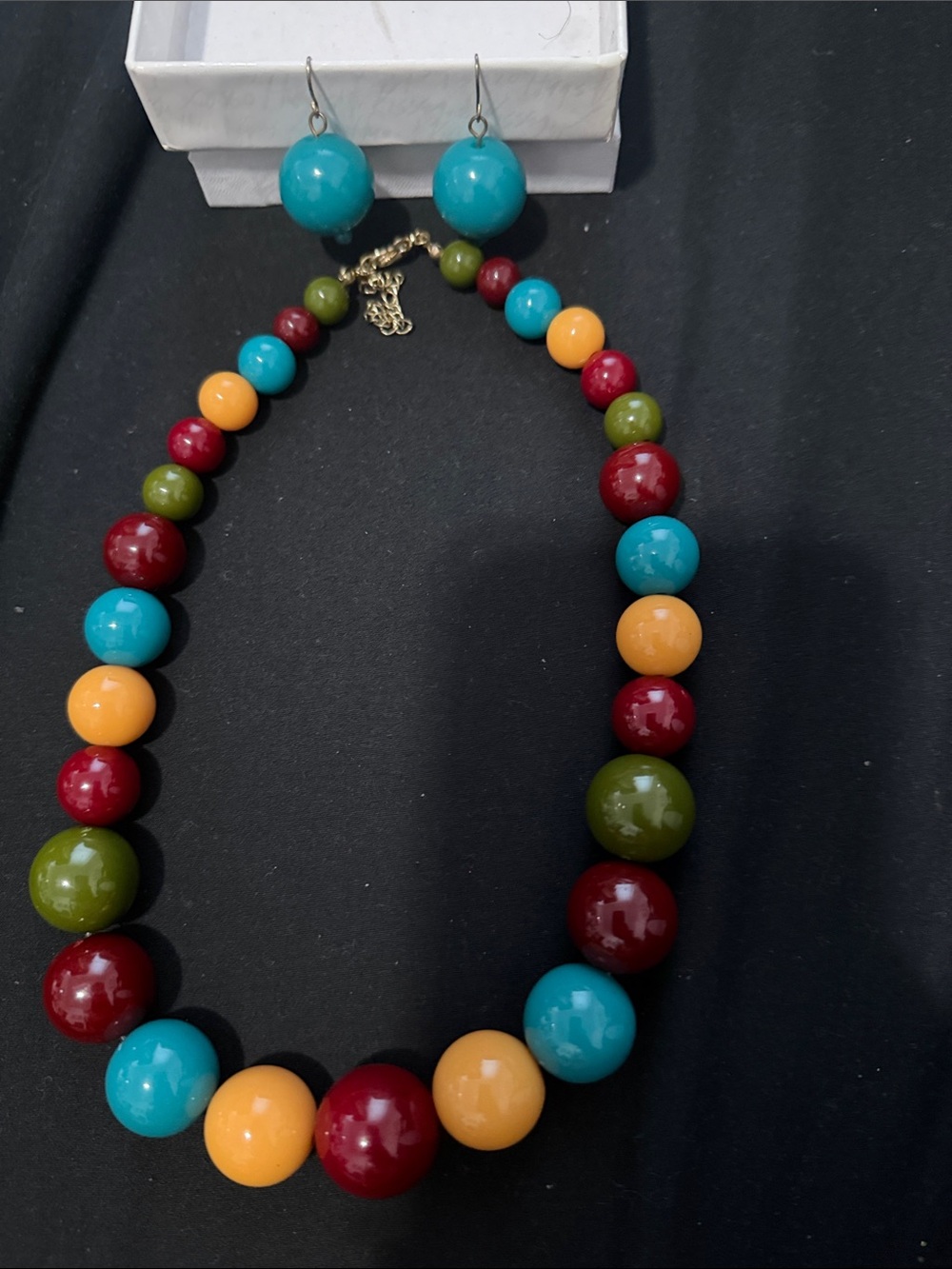 Multicolor Bead Statement Necklace and Earrings - Turquoise, Red, Yellow, Olive